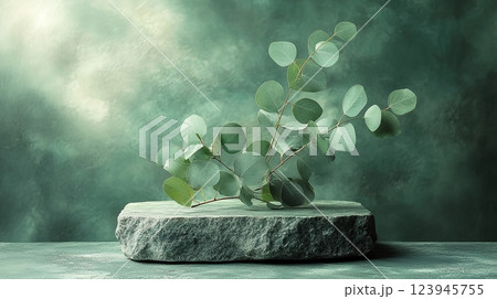 A stone podium with eucalyptus branches against a soft green textured background. Generated AI. 123945755