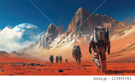 Astronauts explore a Mars like landscape with Earth visible in the sky, under a bright blue atmosphere. Generated AI. Astronauts explore a Mars like landscape with Earth visible in the sky, under a bright blue atmosphere. Generated AI. 123945761