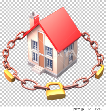 house with red roof is encircled by chain and padlock, symbolizing security 123945966