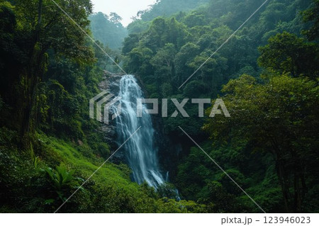Waterfall cascading down lush green forest surrounded by tropical vegetation 123946023