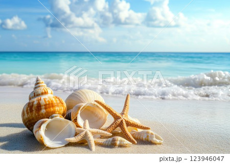 Seashells and starfish on white sandy beach with turquoise waves and blue sky in the background Seashells and starfish on white sandy beach with turquoise waves and blue sky in the background 123946047