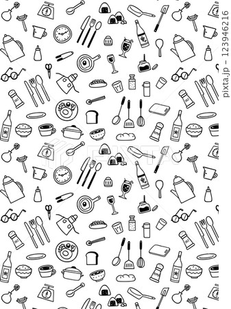 かわいい手書きキッチンツールの背景パターン 123946216