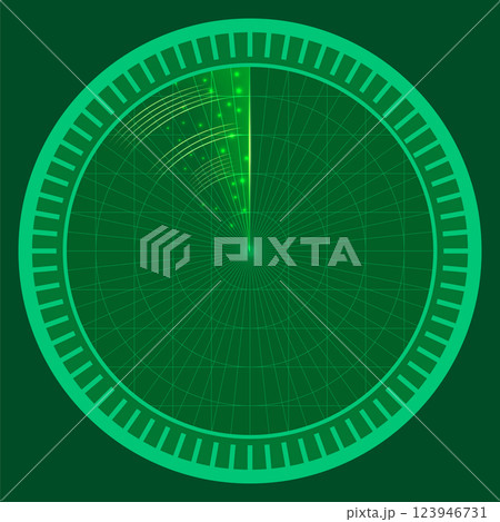 Vector green radar screen. Display panel. Navy scanner. Military detect monitor. Electronic digital sonar 123946731