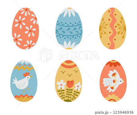 Set of six decorative Easter eggs with floral Set of six decorative Easter eggs with floral 123946936