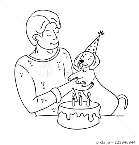 Man celebrating his dogs birthday Man celebrating his dogs birthday 123946944