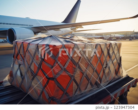 Aviation Logistics Scene with Freight Container and Airplane at Golden Hour Aviation Logistics Scene with Freight Container and Airplane at Golden Hour 123947304