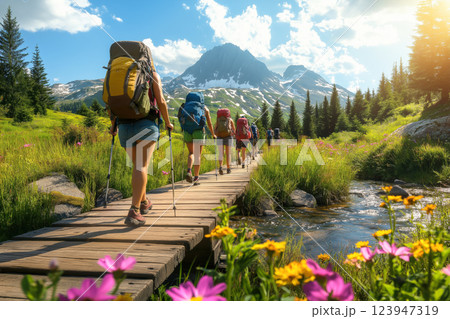 Hikers in Mountains. Trekking on Trail with Backpacks 123947319