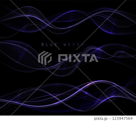 Isolated design element, set of wavy blue illustration on black background Isolated design element, set of wavy blue illustration on black background 123947564