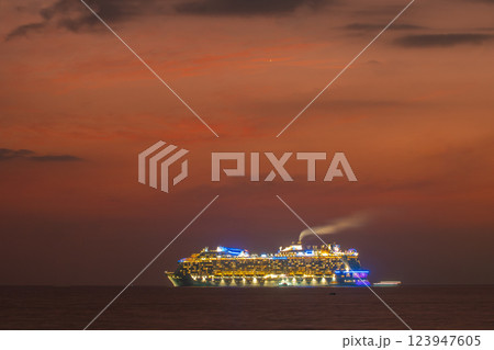 Sunset aboard a luxury cruise ship at Patong beach Phuket. Sunset aboard a luxury cruise ship at Patong beach Phuket. 123947605