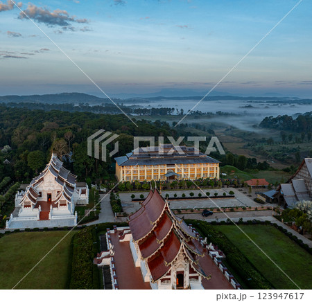 Aerial view of Baan Khan Temple in fog background 123947617