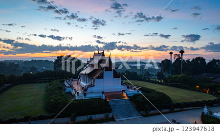 Aerial view of scenery Wat Baan Khan Temple at twilight 123947618