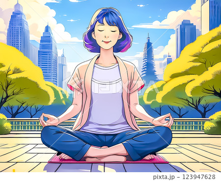 公園で瞑想をするシニア女性 123947628