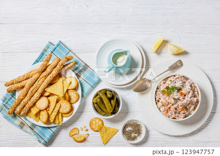 salmon dip with caper, red onion, fresh dill and sour cream salmon dip with caper, red onion, fresh dill and sour cream 123947757