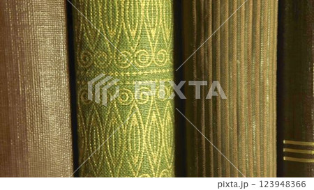 A view of a series of old books. A collection of old books shelved in a bookcase. The concept of education and vintage books. Close-up 123948366