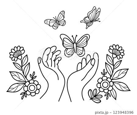 Outline Palms hands with flowers and leaves release butterflies. Butterfly symbolizing freedom, transformation and nature and beauty of environment. Line hand-drawn, coloring book. Vector illustration Outline Palms hands with flowers and leaves release butterflies. Butterfly symbolizing freedom, transformation and nature and beauty of environment. Line hand-drawn, coloring book. Vector illustration 123948396