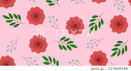 Red rose flowers and green leaves seamless pattern on pink background, vector 123948540