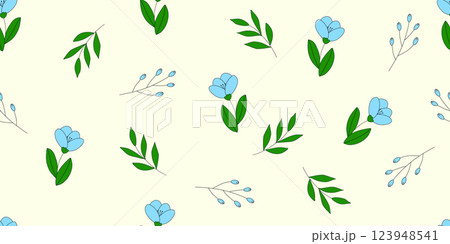 Seamless floral pattern with light blue flowers and different leaves on beige background Seamless floral pattern with light blue flowers and different leaves on beige background 123948541