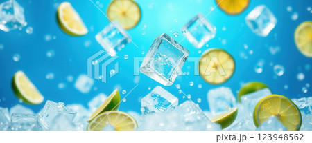 Ice cubes and slices of lemon floating on a blue background 123948562