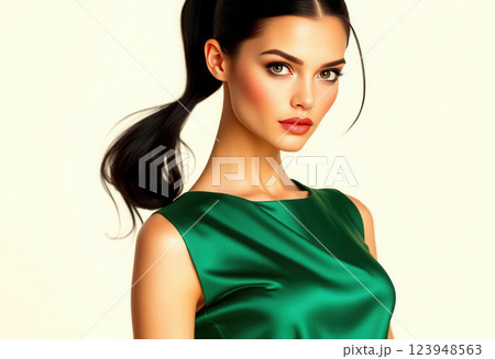 Elegant Woman in Green Silk Dress with Ponytail 123948563