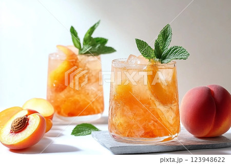 Ice peach tea or cocktail with mint and apricots, a recipe for a refreshing summer drink. Two glasses with peach fruit lemonade on light table, detox diet and weight loss concept, menu for restaurant 123948622