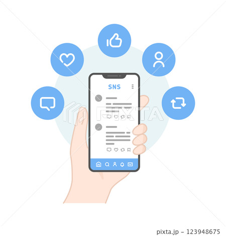 スマホ画面とSNSの反応イラスト いいね・フォロー・シェア・コメント・リポスト スマホ画面とSNSの反応イラスト いいね・フォロー・シェア・コメント・リポスト 123948675