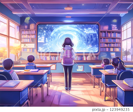ホログラムディスプレイを見ながら勉強する学生　女子高校生 123949235