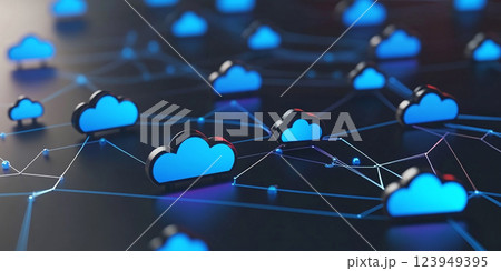 A cyberpunk-themed visual of interconnected glowing cloud icons, symbolizing futuristic data networks, advanced technology, and the interconnected nature of cyberspace. 123949395