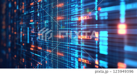 A futuristic digital data visualization featuring glowing grids and interconnected nodes in vibrant blue and orange hues, symbolizing technology and information networks. 123949396