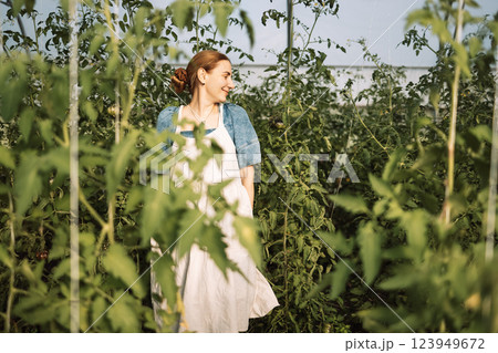 Closeup of a young attractive female farmer checking the ripe fruits of black tomatoes 123949672