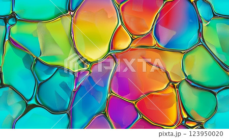 Vibrant abstract stained glass pattern with multicolored cells and fluid design. 123950020