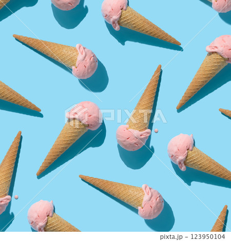 trendy seamless pattern of strawberries ice cream and hard shadow isolated on blue background, creative decoration of summer concept trendy seamless pattern of strawberries ice cream and hard shadow isolated on blue background, creative decoration of summer concept 123950104