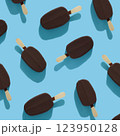 trendy seamless pattern of chocolate popsicle with ice cream and hard shadow on blue background, creative decoration of summer concept 123950128