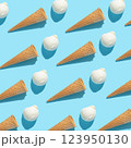 trendy seamless pattern of vanilla ice cream and hard shadow isolated on blue background, creative decoration of funny summer concept 123950130