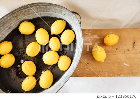 Juicy fresh lemons and daisies in water in a vintage metal basin. Top view. Wooden retro bench with yellow citrus fruits. White fabric in the background. Juicy fresh lemons and daisies in water in a vintage metal basin. Top view. Wooden retro bench with yellow citrus fruits. White fabric in the background. 123950176