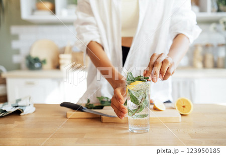 Close-up of a female hands and a glass of lemonade with mint leaves. A young woman prepares a delicious ice drink with a slice of lemon. Close-up of a female hands and a glass of lemonade with mint leaves. A young woman prepares a delicious ice drink with a slice of lemon. 123950185