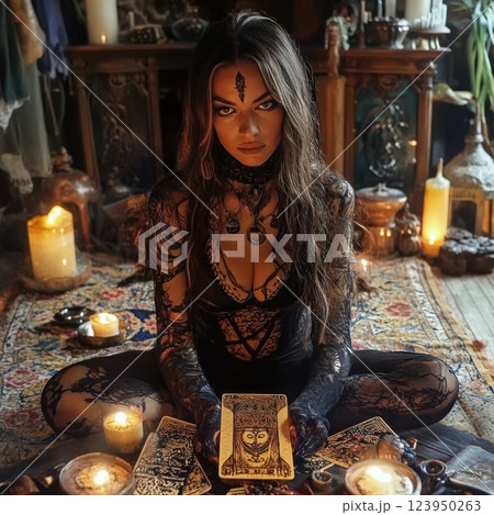 a mysterious fortune teller dressed in intricate black lace, surrounded by glowing candles and ancient tarot cards 123950263