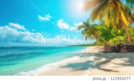 a breathtaking tropical beach with clear turquoise waters, soft golden sand, and lush palm trees 123950277