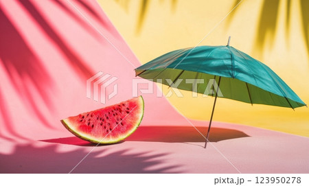 summer, slice of juicy watermelon and a small green umbrella on a pastel pink and yellow background 123950278
