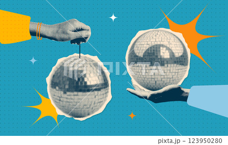 Set of shiny disco balls and cut out hands in dotted halftone collage style. Collection of trendy modern retro elements with flat star decoration. Vector 80s design 123950280