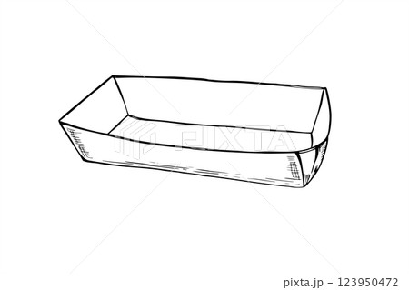 Empty craft small cardboard tray for fruit or fast food, chips and French fries line art black ink sketch. Monochrome disposable container line art etching. Snack package vector illustration. 123950472