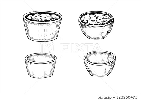 Vector small empty porcelain sauce bowls and with dipping sauces line ink illustration in black and white. Monochrome ceramic pots of different shapes clip art. Side view of blank ramekin set. Vector small empty porcelain sauce bowls and with dipping sauces line ink illustration in black and white. Monochrome ceramic pots of different shapes clip art. Side view of blank ramekin set. 123950473