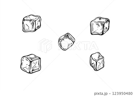 Monochrome vector single ice cubes with smooth edges set illustration painted by black inks. Etching drawing of frozen juice or water cube for drinks. Food elements for menu, cocktail party. 123950480