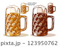 Dimpled glass beer mug, massive big Bavarian Masskrug for beer fest, in styles of color graphic, retro vintage engraving, woodcut, line art. Vector illustration is hand-drawn by human, without tracing 123950762
