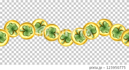 Watercolor wavy leprechaun golden coins seamless ornate isolated background. St Patrick day metal shamrock money banner. Festive pattern for Holiday Ireland decor, textile, wrapping paper design 123950775