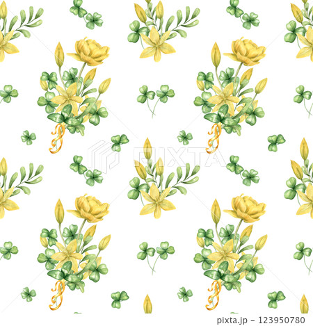 Spring yellow tulips, green clover leaves with golden ribbon seamless pattern isolated background. Primrose flowers bouquet watercolor illustration for Valentine day textile, kitchen canvas 123950780