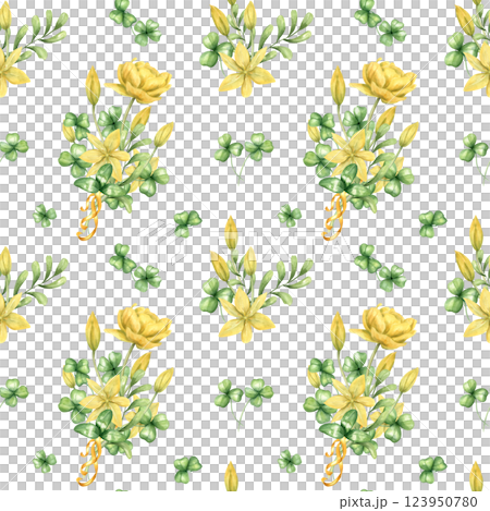 Spring yellow tulips, green clover leaves with golden ribbon seamless pattern isolated background. Primrose flowers bouquet watercolor illustration for Valentine day textile, kitchen canvas 123950780