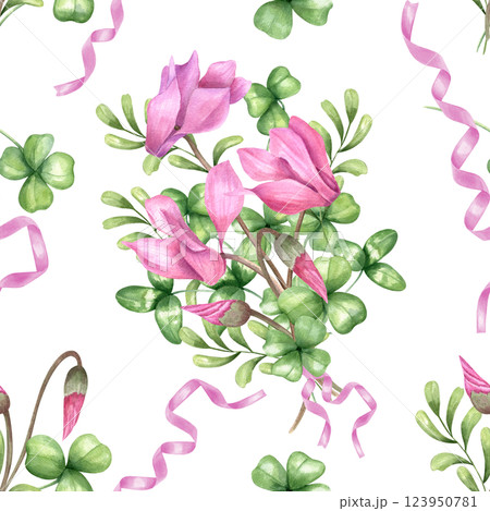 Pink cyclamen, clover leaves and herbs with pink ribbon seamless pattern isolated background. Spring flower bouquet watercolor illustration for textile, wrapping paper, stationery design, postcard 123950781
