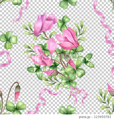 Pink cyclamen, clover leaves and herbs with pink ribbon seamless pattern isolated background. Spring flower bouquet watercolor illustration for textile, wrapping paper, stationery design, postcard 123950781