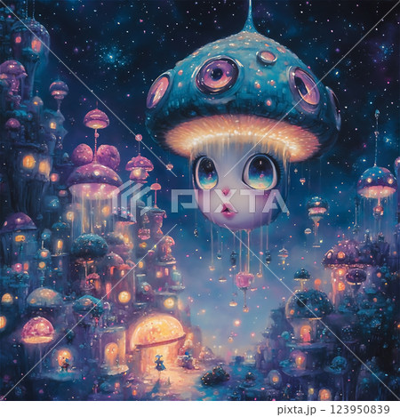 Glowing Mushroom Town in Starry Night, Fantasy Art, Magical, Dreamlike. High quality photo Glowing Mushroom Town in Starry Night, Fantasy Art, Magical, Dreamlike. High quality photo 123950839