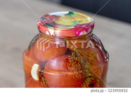 Jars with different types of pickles and preserves 123950932